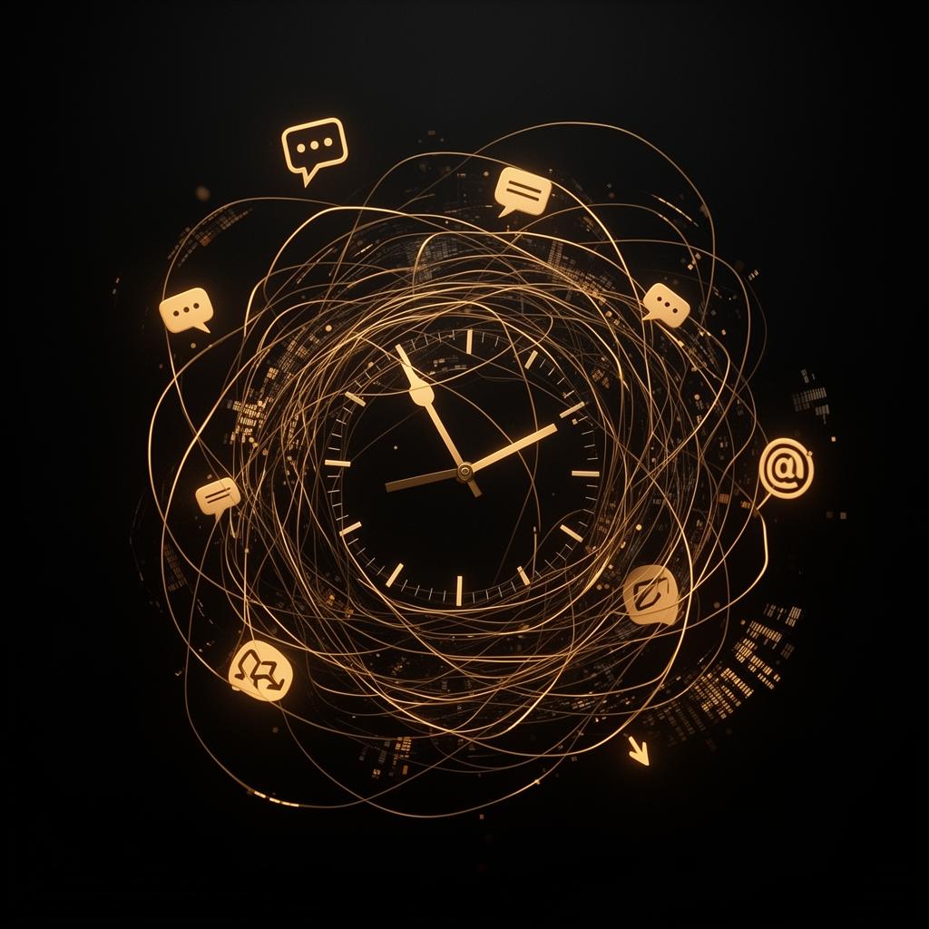 Abstract visualization of modern overload — tangled notifications and clock hands